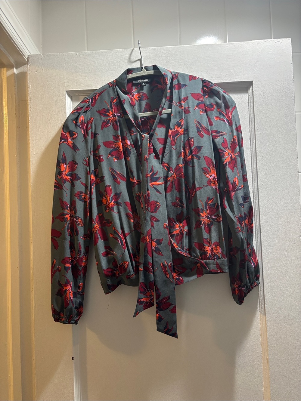 Madewell Gray Olive Blouse with Red Floral Tie